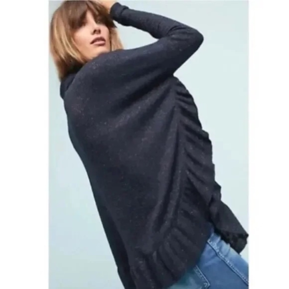 Anthropologie Postmark Navy Metallic Rib Knit Ruffled Cowl Neck Sweater, Sz M/L